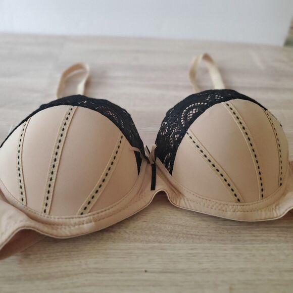 Jezebel Padded Push Up Bra 34B Nude Black Lace Corset Stitch - Picture 3 of 11